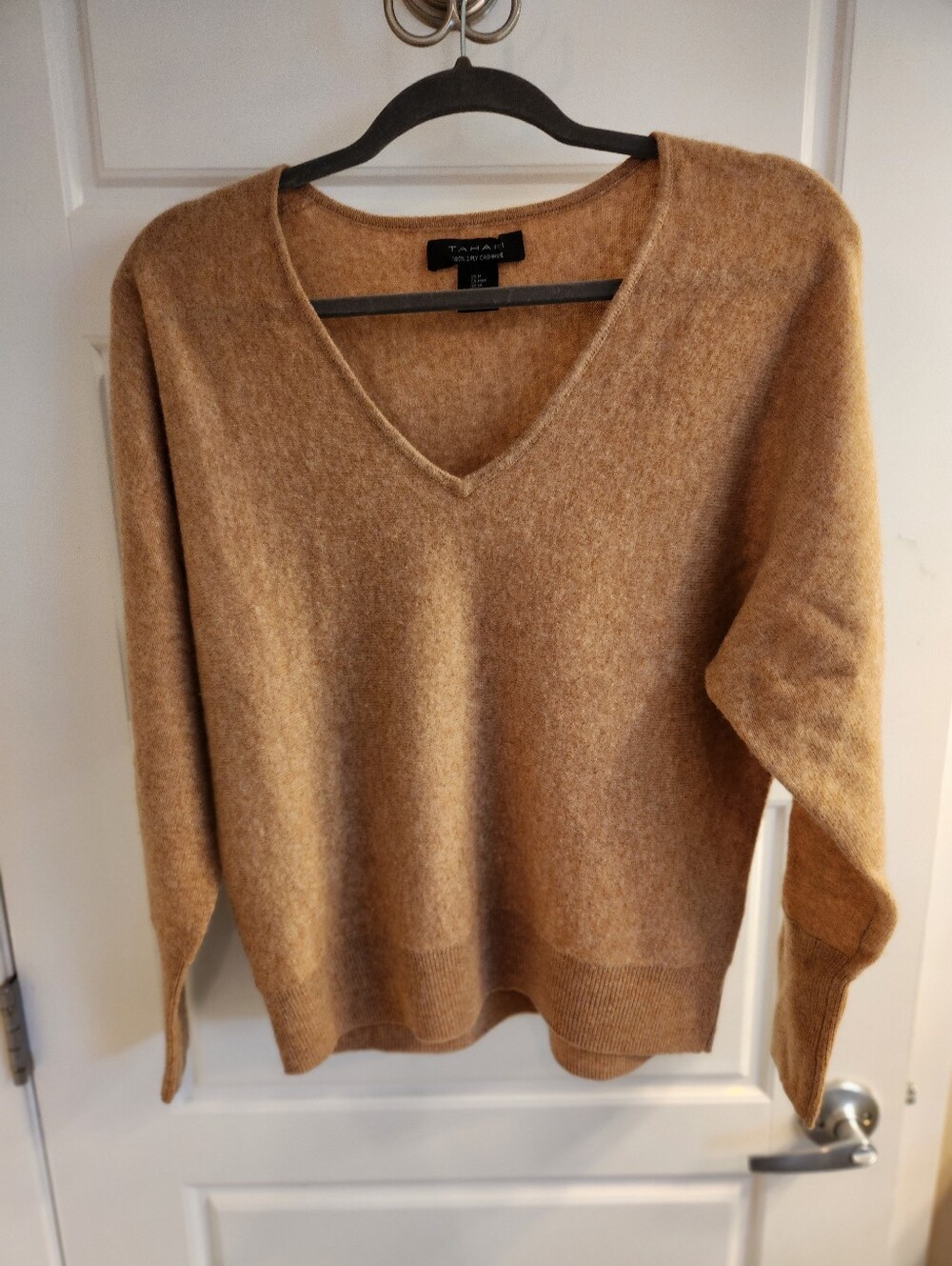 Tahari Camel-Tan Cashmere V-Neck Sweater